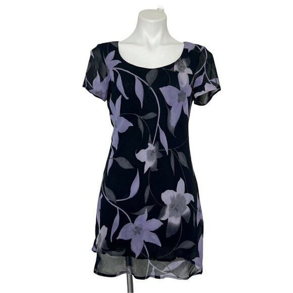 TESSUTO Floral Dress SMALL black PURPLE short sleeves - Picture 3 of 8